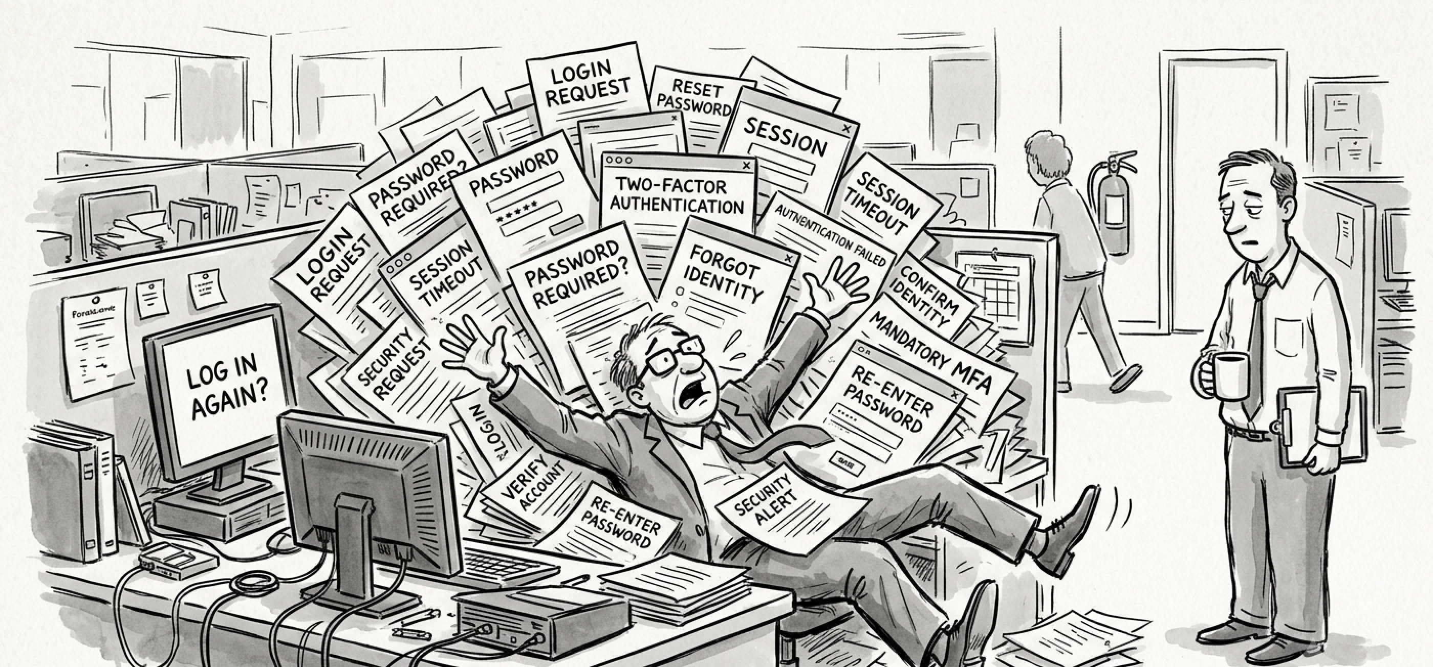 Cartoon of a man innundated with sign in requests