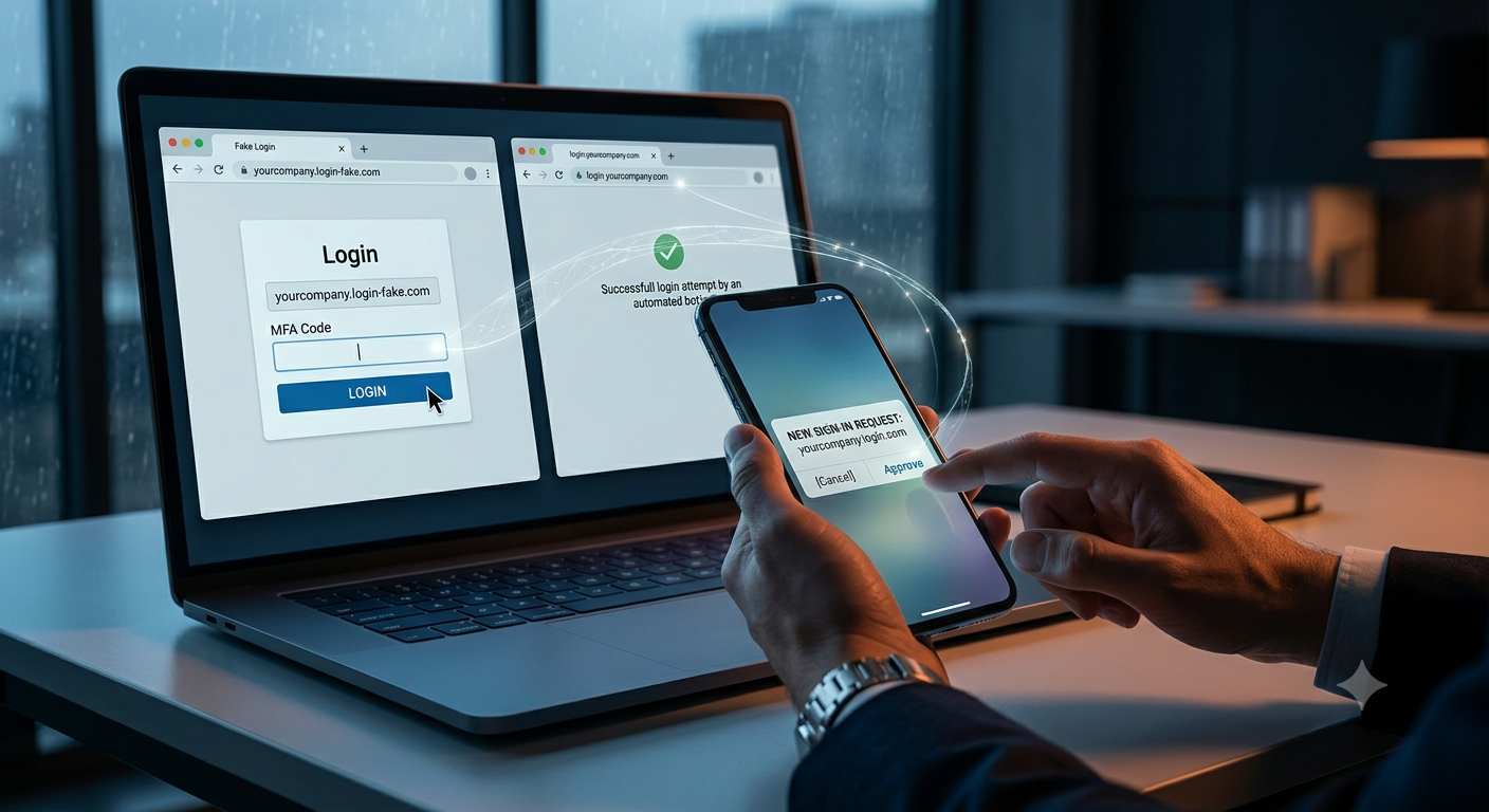 A man being fooled by Adversary-in-the-Middle phishing