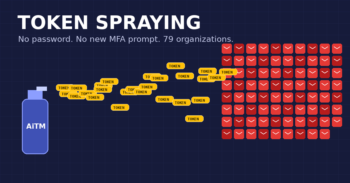 A spray can labeled AiTM spraying stolen session tokens at a grid of 79 red email inboxes, under the words 'Token Spraying'